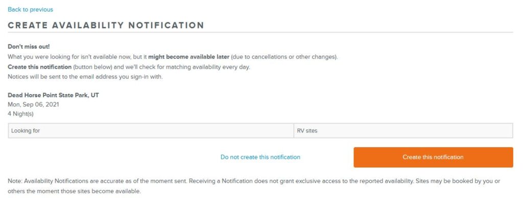 reserve america notify me of an available campsite